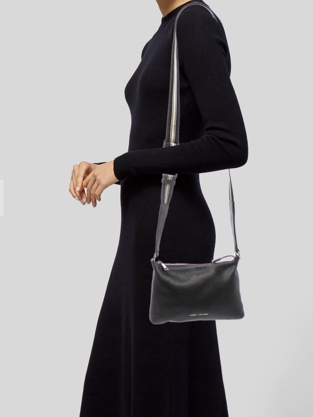 Marc Jacobs Black Pebbled Leather Belt Bag with Striped Strap